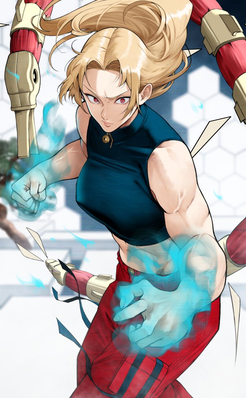 1girl, abs, absurdres, aura, bare_shoulders, biceps, black_shirt, blonde_hair, breasts, cropped_shirt, forehead, garuda_(jujutsu_kaisen), highres, jujutsu_kaisen, large_breasts, long_hair, looking_at_viewer, midriff, muscular, muscular_female, pants, parted_bangs, red_eyes, red_pants, shirt, sleeveless, tsukumo_yuki_(jujutsu_kaisen), yoshio_(55level)