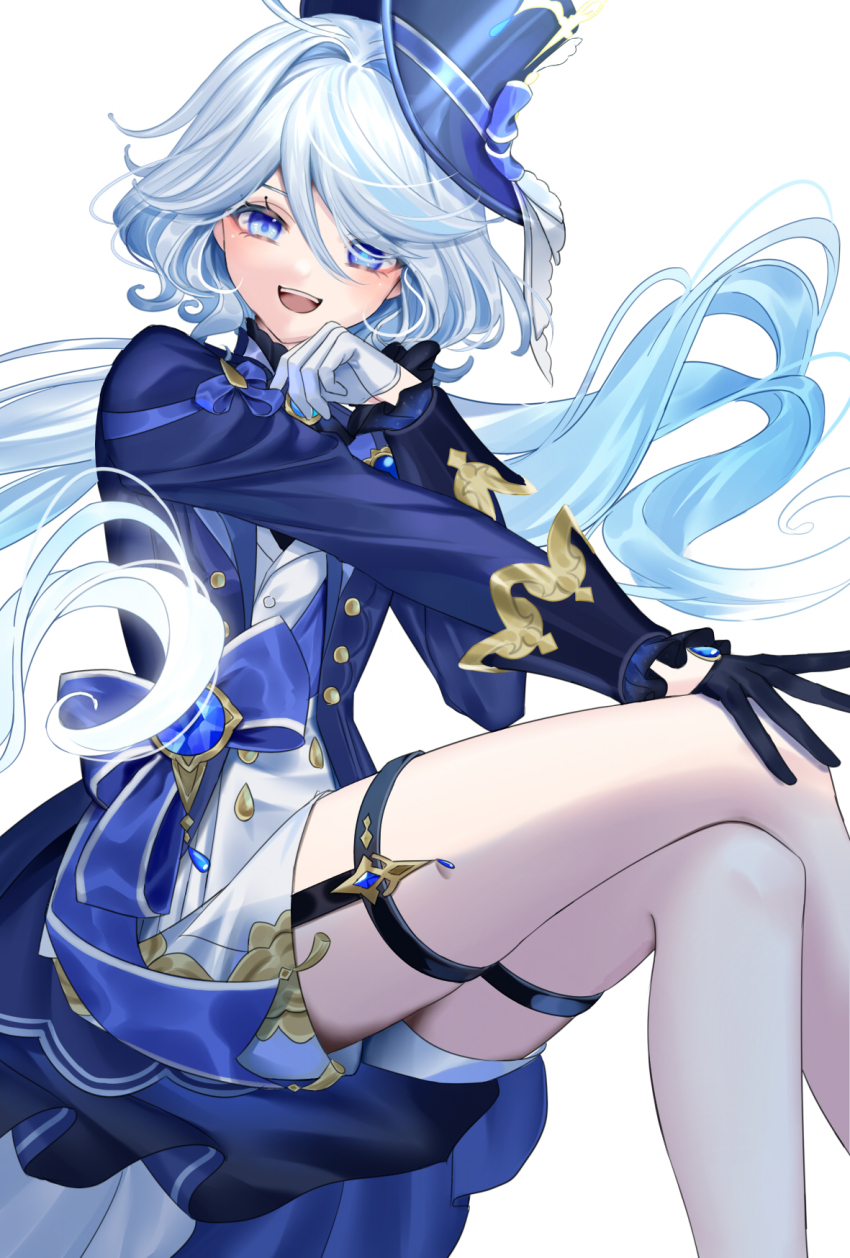 1girl, azaka_(rionrita), black_gloves, blue_eyes, blue_hair, furina_(genshin_impact), genshin_impact, gloves