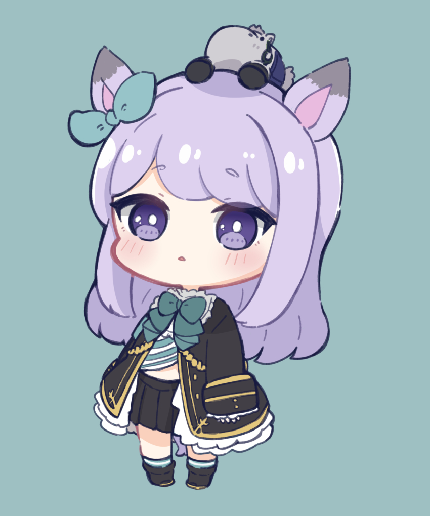 1girl, :<, animal_ears, black_footwear, black_jacket, black_skirt, blue_background, blue_bow