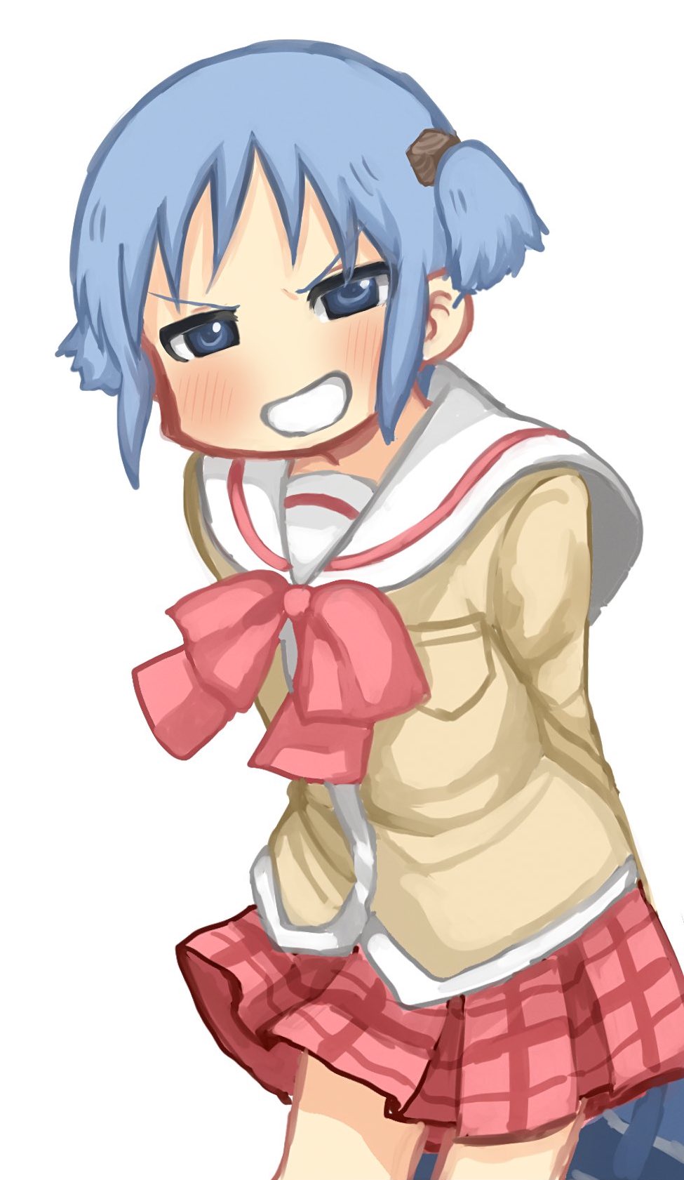 1girl, arms_behind_back, bag, blue_eyes, blue_hair, blush, cowboy_shot, cube_hair_ornament