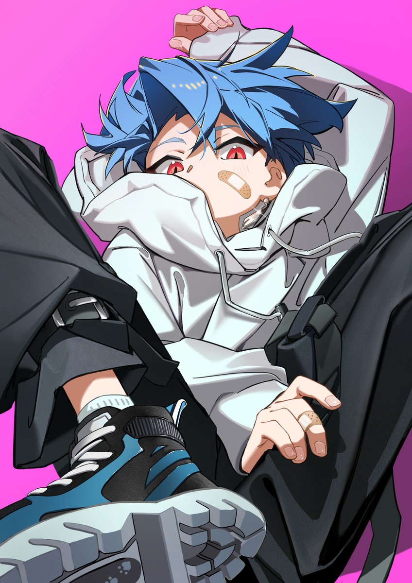 1boy, bandaid, bandaid_on_face, black_pants, blue_hair, cu_chulainn_(fate), fate/grand_order, fate_(series), highres, hood, hoodie, male_focus, pants, purple_background, red_eyes, setanta_(fate), shoes, sneakers, wagaya43, white_hoodie