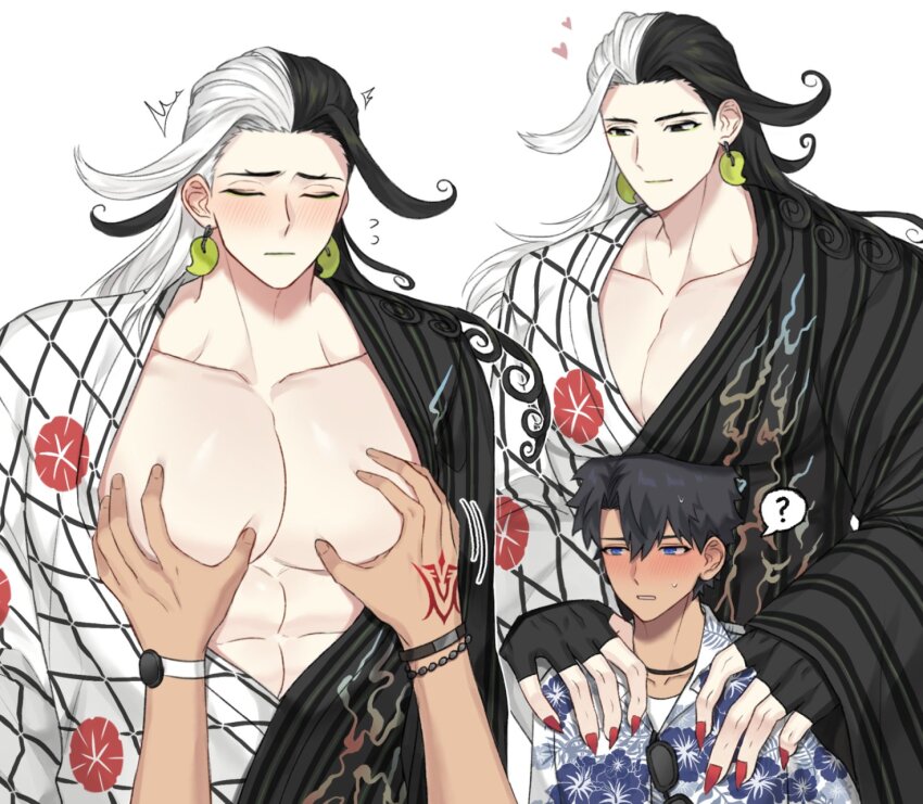 2boys, ashiya_douman_(asagao-patterned_yukata)_(fate), ashiya_douman_(fate), asymmetrical_hair, bare_pectorals, black_hair, blush, curly_hair