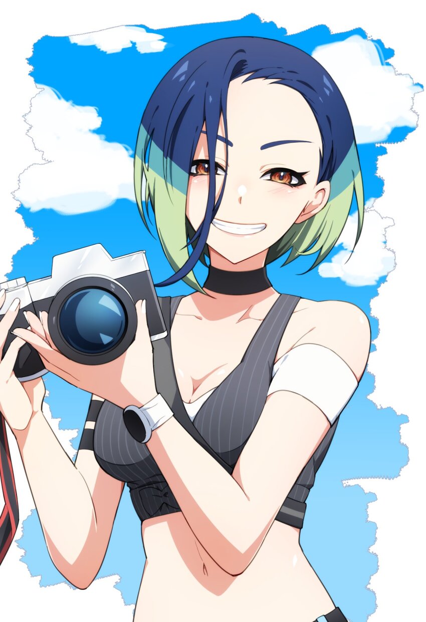 1girl, bare_shoulders, black_choker, black_shirt, blue_hair, blue_sky, bob_cut, breasts, brown_eyes, camera, choker, cleavage, cloud, cloudy_sky, collarbone, crop_top, denim, grey_shirt, grin, highres, holding, holding_camera, jeans, loose_hair_strand, medium_breasts, midriff, multicolored_hair, navel, nintendo, pants, perrin_(pokemon), pokemon, pokemon_scarlet_and_violet, ribbed_shirt, shirt, sky, sleeveless, sleeveless_shirt, smile, solo, t_akiko, two-tone_hair, undershirt, upper_body, v-neck, watch, wristwatch