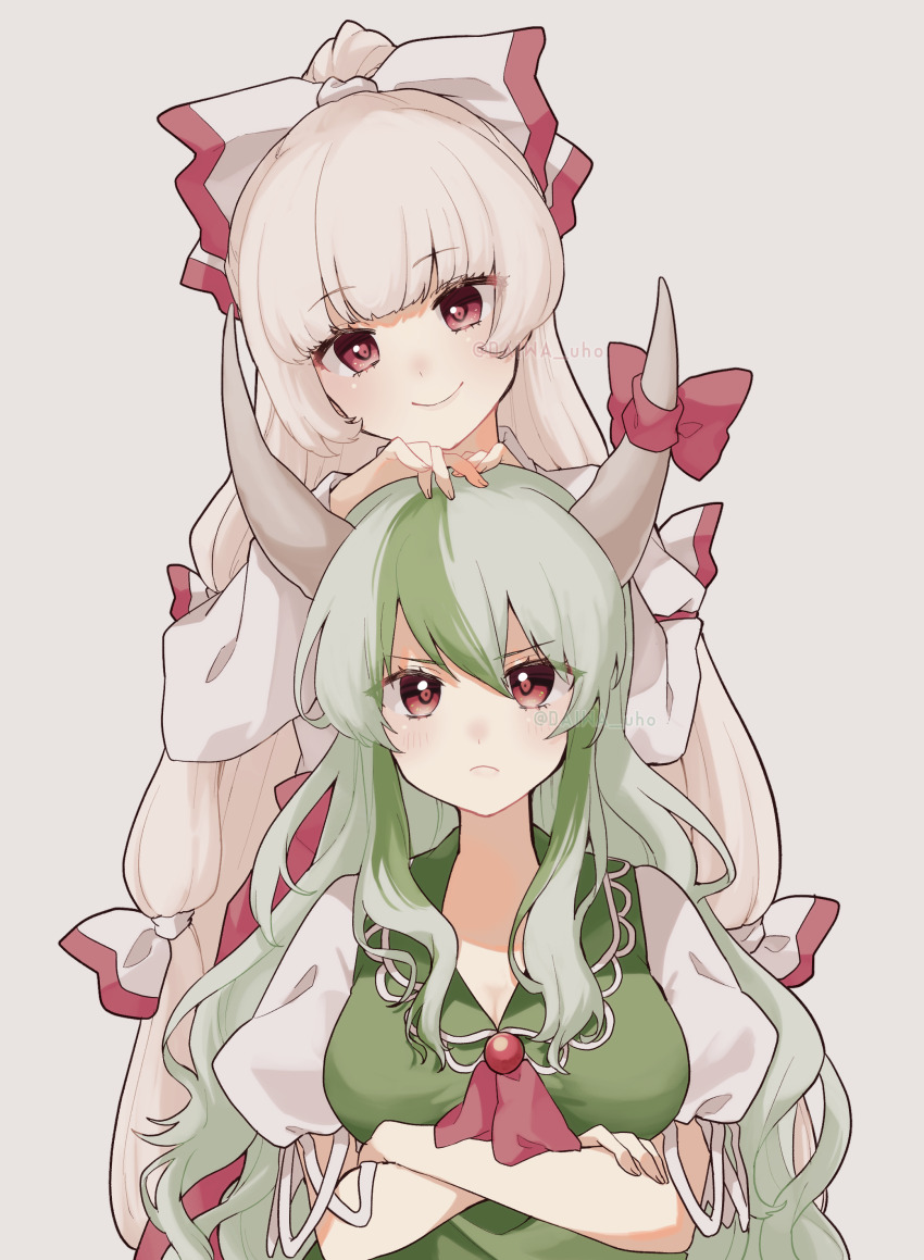 2girls, absurdres, bow, closed_mouth, crossed_arms, daiwa_uho, dress, ex-keine, frown, fujiwara_no_mokou, green_dress, green_hair, hair_bow, hands_on_another's_head, head_tilt, highres, horn_bow, horn_ornament, horns, kamishirasawa_keine, long_hair, long_sleeves, looking_at_viewer, multiple_girls, pants, red_bow, red_eyes, red_pants, shirt, short_sleeves, simple_background, smile, touhou, very_long_hair, white_bow, white_shirt