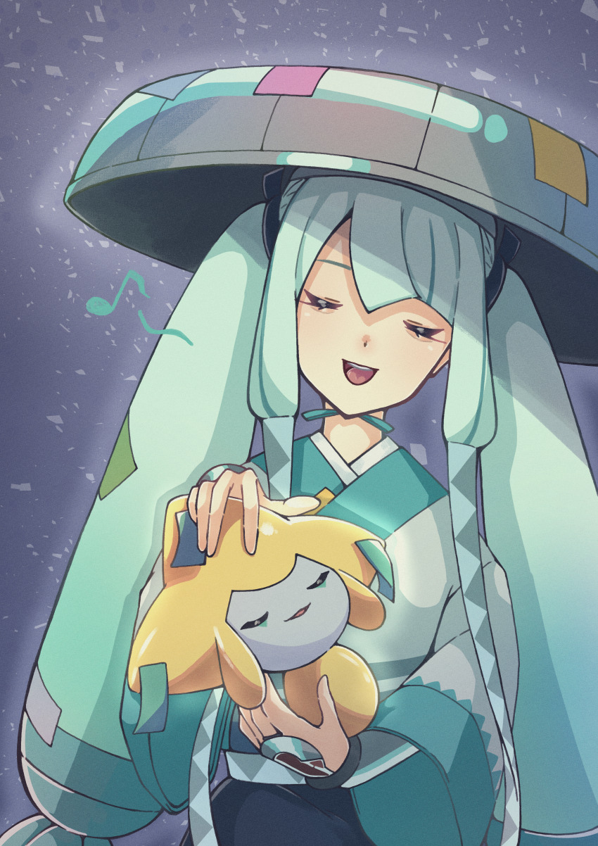 1girl, absurdres, aqua_hair, closed_eyes, daua_history, eighth_note, gen_3_pokemon, grey_hat