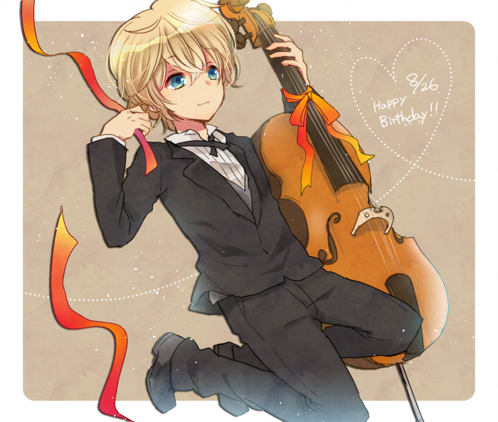 1boy, black_pants, black_suit, blonde_hair, blue_eyes, brown_background, cello, formal_clothes