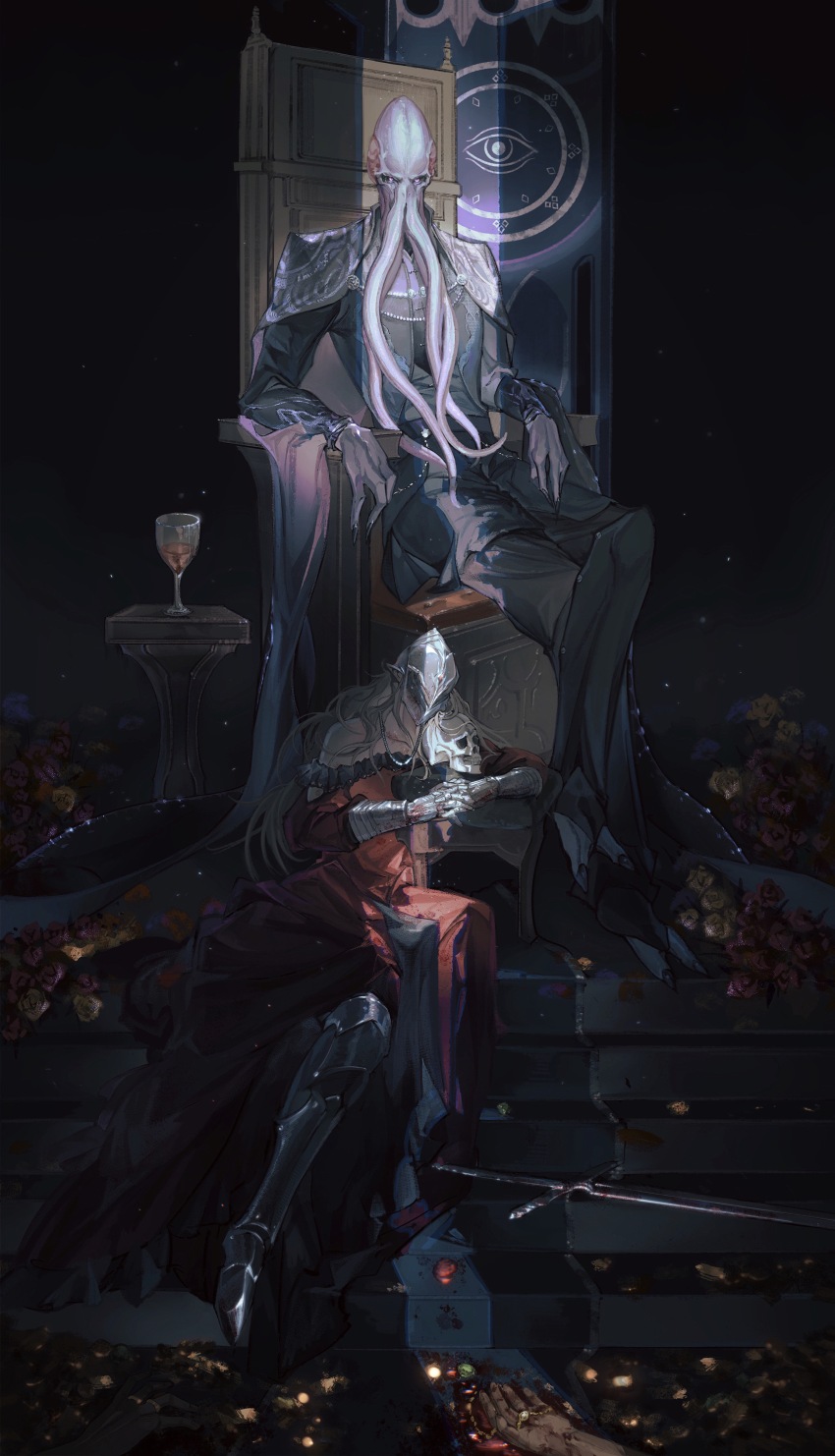 1boy, 1girl, absurdres, arm_rest, armor, baldur's_gate, baldur's_gate_3, black_background