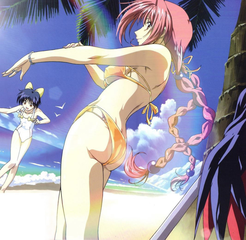 2girls, ass, back, beach, bikini, bird, blue_hair, bow, bracelet, braid, breasts, brown_eyes, butt_crack, casual_one-piece_swimsuit, curvy, day, dimples_of_venus, dorothy_(marchen_awakens_romance), dutch_angle, covered_erect_nipples, hair_bow, happy, jewelry, lens_flare, long_hair, looking_back, marchen_awakens_romance, medium_breasts, multiple_girls, ocean, one-piece_swimsuit, outdoors, palm_tree, pink_eyes, pink_hair, profile, ring, short_hair, smile, snow_(mar), swimsuit, tree, twin_braids, underboob, water