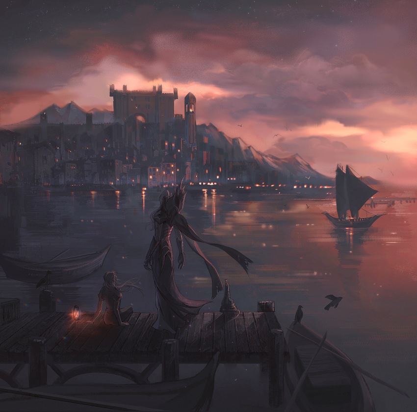 1boy, 1girl, absurdres, baldur's_gate, baldur's_gate_3, bird, black_gloves, black_pants, black_shirt, boat, building, city, city_lights, cityscape, cloud, cloudy_sky, elbow_gloves, facing_away, from_behind, gloves, highres, lantern, limited_palette, long_hair, mindflayer, mountain, mountainous_horizon, ocean, orange_sky, outdoors, pants, pekokokoko, pier, sail, scenery, shirt, sitting, sky, standing, sunset, tav_(baldur's_gate), tentacles, the_dark_urge_(baldur's_gate), the_emperor_(baldur's_gate), water, watercraft, wide_shot, wind