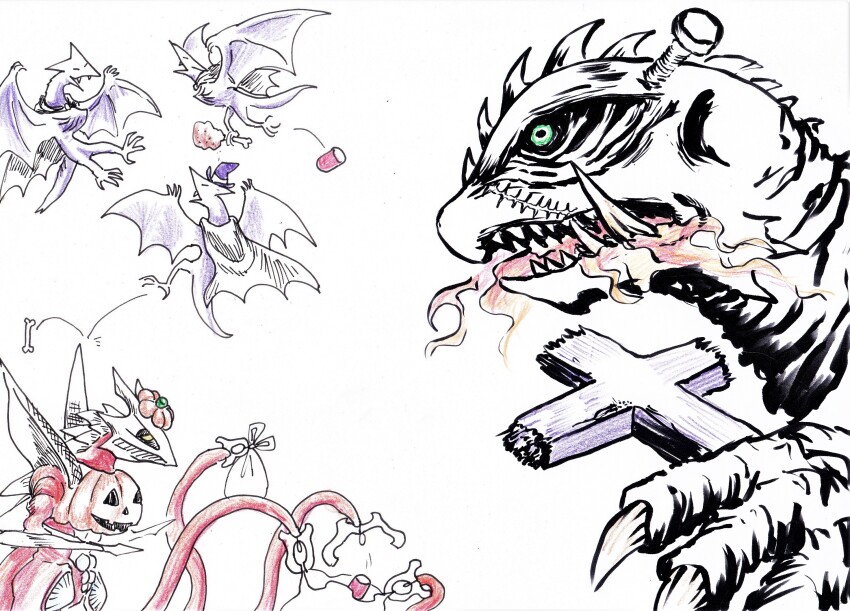 arm_blade, bag, bolt_(hardware), bone, bow, bowtie, breath_weapon, breathing_fire, cape, claws, cross, crucifix, daiei_film, eating, energy, faceplate, fangs, fire, flying, food, frankenstein's_monster_costume, gamera, gamera_(series), gamera_3:_revenge_of_iris, giant, giant_monster, glowing, glowing_eyes, glowing_mouth, green_eyes, gyaos, halloween, halloween_costume, hat, highres, holding, holding_cross, hyper_gyaos, iris_(gamera), jack-o'-lantern, kaiju, mask, monster, no_humans, no_pupils, one-eyed, open_mouth, plant, plasma, pumpkin, pumpkin_hat, sea_monster, sebireu, sharp_teeth, simple_background, stitched_face, stitches, tail, talons, teeth, tentacles, turtle, tusks, vampire_costume, weapon, white_background, wings, witch, witch_hat, yellow_eyes
