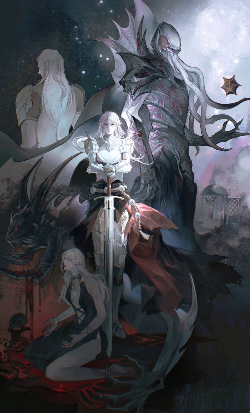 1boy, 2girls, absurdres, armor, baldur's_gate, baldur's_gate_3, bare_arms, barefoot, black_dress, blonde_hair, blood, blood_on_hands, breastplate, cleavage_cutout, clothing_cutout, collarbone, colored_skin, dress, dripping, elf, floating, floating_object, full_body, gauntlets, glowing, glowing_eye, greaves, halter_dress, halterneck, hands_on_hilt, highres, horns, jewelry, long_hair, looking_at_viewer, mindflayer, monster, monster_boy, multiple_girls, multiple_persona, necklace, pauldrons, pekokokoko, planted, planted_sword, planted_weapon, pointy_ears, purple_eyes, purple_skin, red_eyes, sharp_teeth, shoulder_armor, side_slit, sitting, skull, slit_pupils, standing, straight-on, sword, tav_(baldur's_gate), teeth, tentacles, the_dark_urge_(baldur's_gate), the_emperor_(baldur's_gate), torn_clothes, wariza, weapon