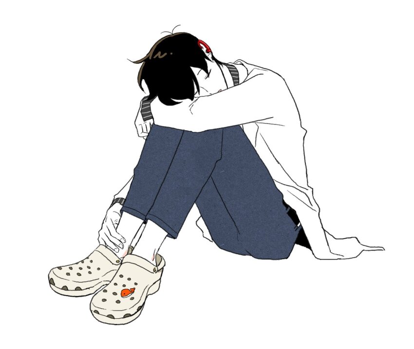 1boy, black_hair, closed_eyes, commentary_request, crocs, domihuman, eoduun_badaui_deungbul-i_doeeo, full_body, grey_pants, hand_on_own_ankle, knees_up, korean_commentary, lab_coat, long_sleeves, male_focus, pants, park_moo-hyun, short_hair, simple_background, sitting, solo, white_background