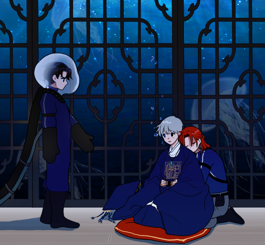 3boys, air_bubble, black_eyes, black_footwear, black_hair, blue_eyes, blue_robe, bodysuit