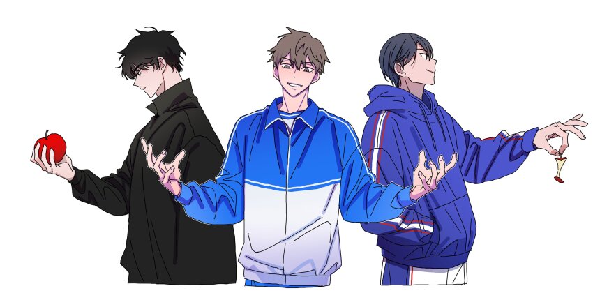 apple, apple_core, bad_apple!!, black_hair, black_jacket, blue_hoodie, blue_jacket, brown_eyes