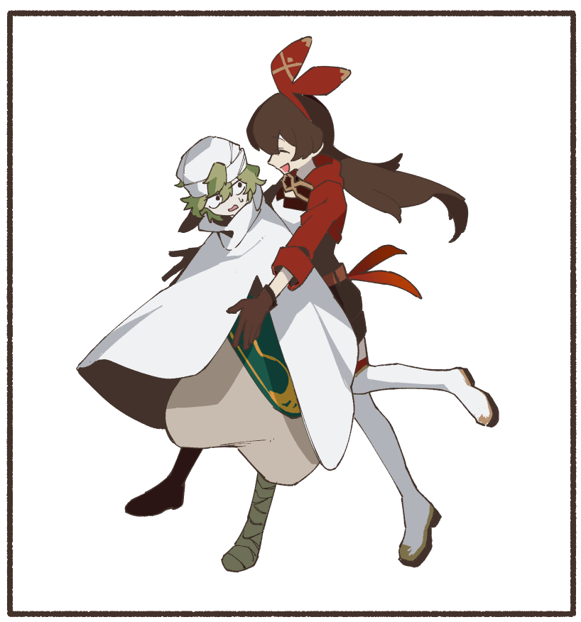 2girls, amber_(genshin_impact), boots, bow, brown_gloves, brown_hair, brown_shorts, cape