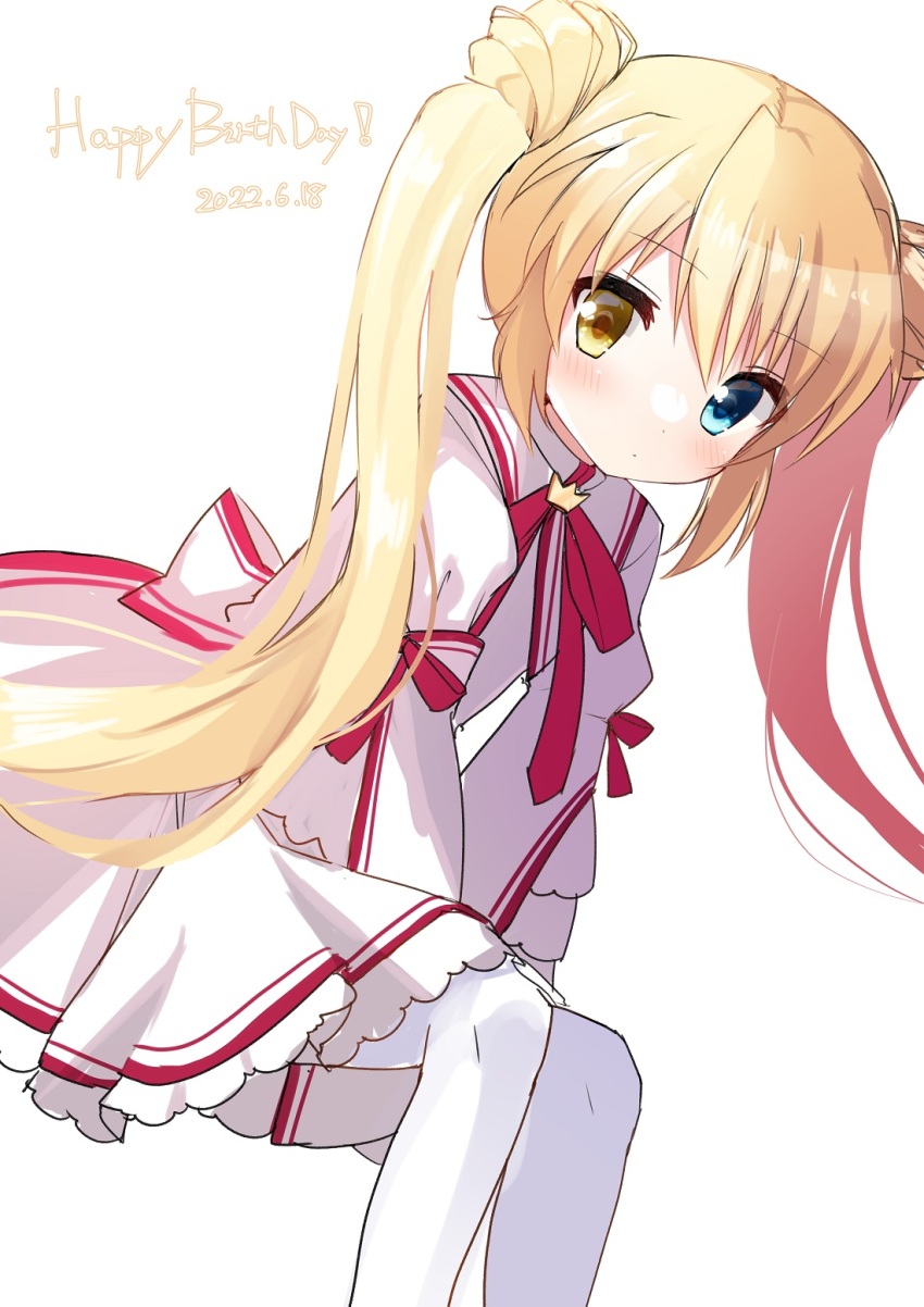 1girl, 2022, between_legs, blue_eyes, blush, closed_mouth, commentary_request, crown, dated, dress, dutch_angle, english_text, expressionless, eyelashes, feet_out_of_frame, floating_hair, frilled_dress, frills, hair_between_eyes, hand_between_legs, happy_birthday, heterochromia, highres, juliet_sleeves, kazamatsuri_institute_high_school_uniform, long_hair, long_sleeves, looking_at_viewer, mini_crown, nakatsu_shizuru, neck_ribbon, pantyhose, puffy_sleeves, red_ribbon, rewrite, ribbon, school_uniform, short_dress, sidelocks, simple_background, sitting, solo, takepoison, twintails, very_long_hair, white_background, white_dress, white_pantyhose, wide_sleeves, yellow_eyes