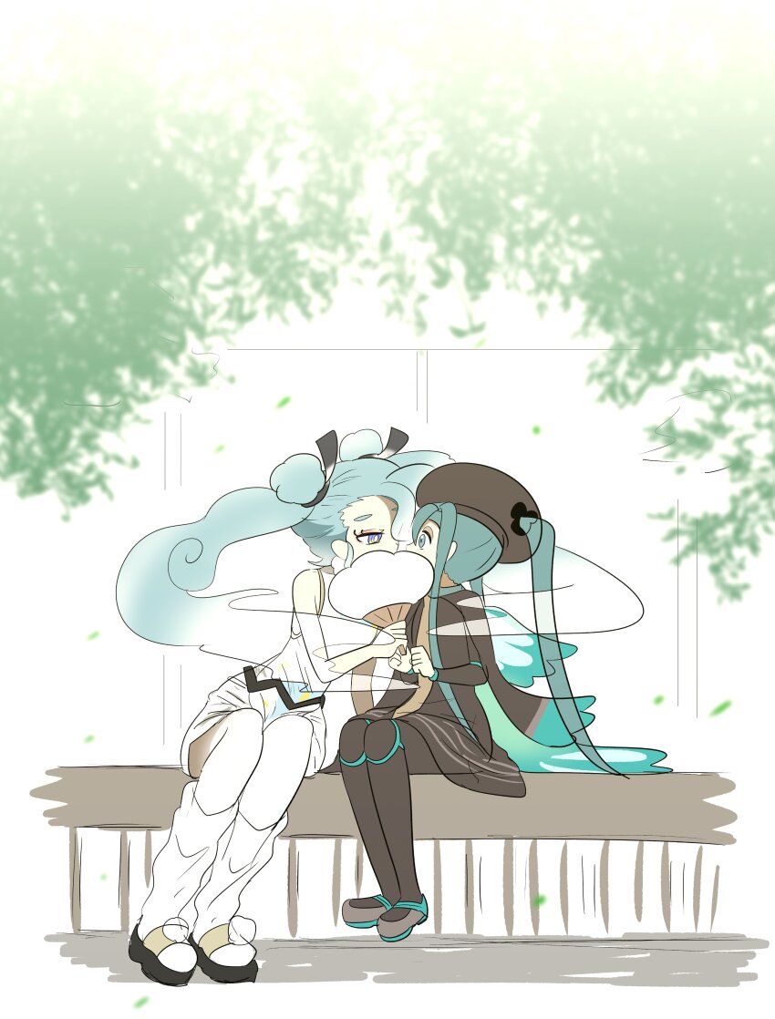 2girls, absurdres, bug_miku_(project_voltage), flying_miku_(project_voltage), hatsune_miku, highres, multiple_girls, nintendo, pokemon, project_voltage, selfcest, vocaloid, yabunoki, yuri