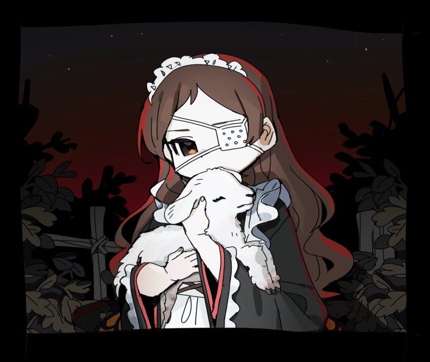 animal, apron, baby_animal, black_kimono, brown_eyes, brown_hair, commentary, eyepatch