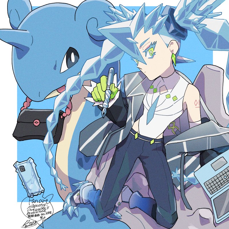 1girl, arm_tattoo, bag, black_bag, black_pants, blue_hair, blue_headwear, bright_pupils