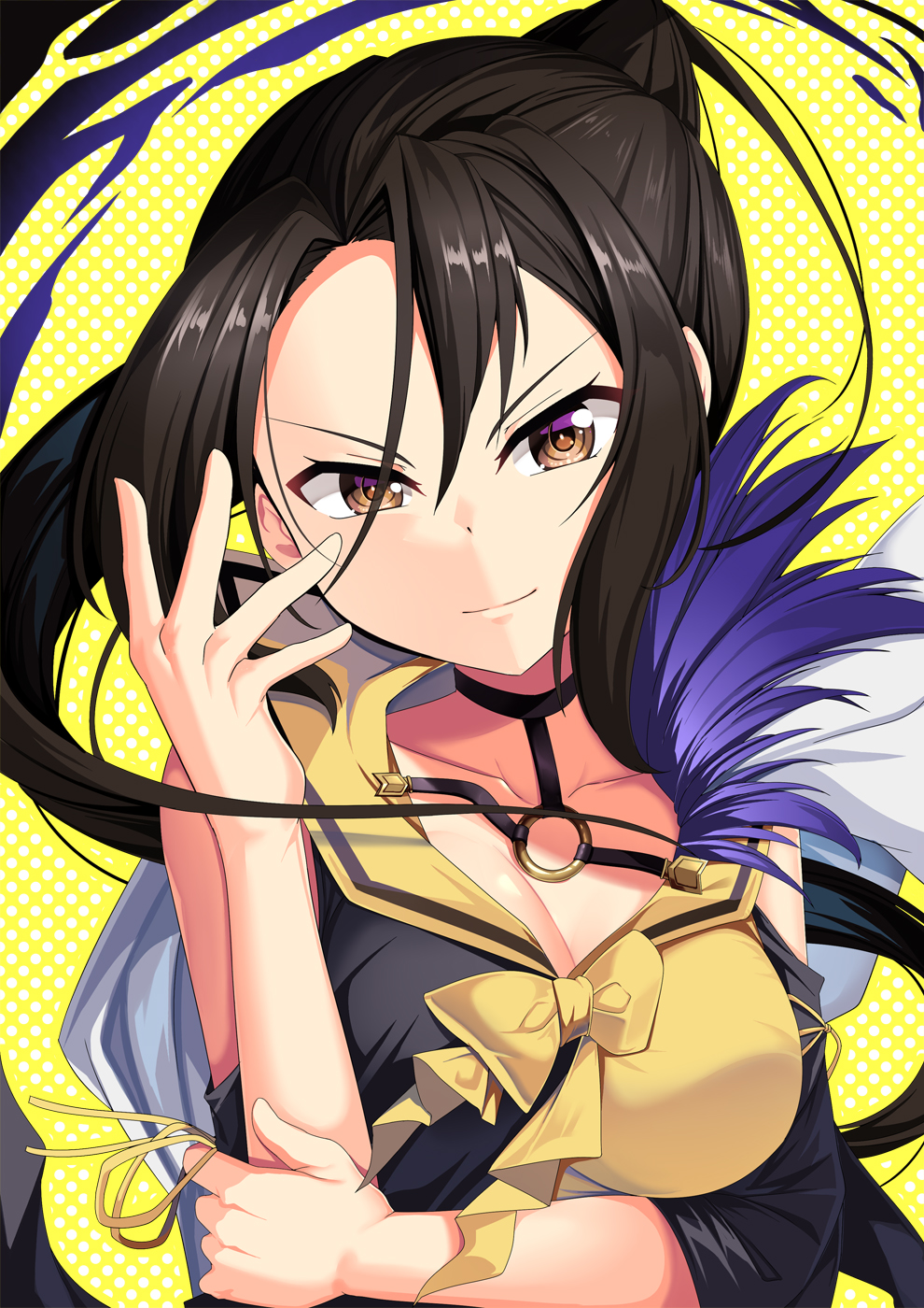 >:), 1girl, air_groove_(umamusume), air_groove_(umamusume)_(cosplay), bare_shoulders, black_choker, black_hair, bow