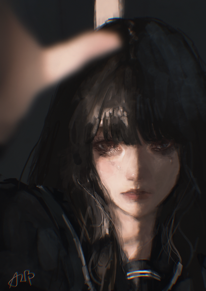 1girl, absurdres, arai_bokuseki, black_eyes, black_hair, black_sailor_collar, black_serafuku, blunt_bangs