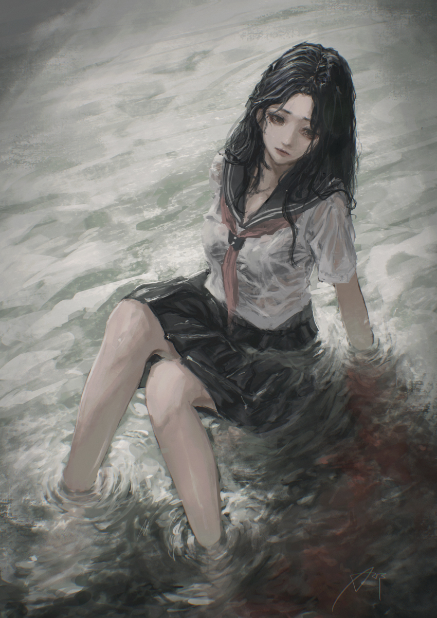 1girl, absurdres, arai_bokuseki, black_eyes, black_hair, black_sailor_collar, black_skirt, blood