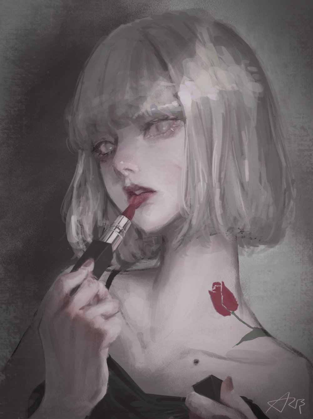 1girl, applying_makeup, applying_own_makeup, arai_bokuseki, bare_shoulders, black_dress, close-up, collarbone