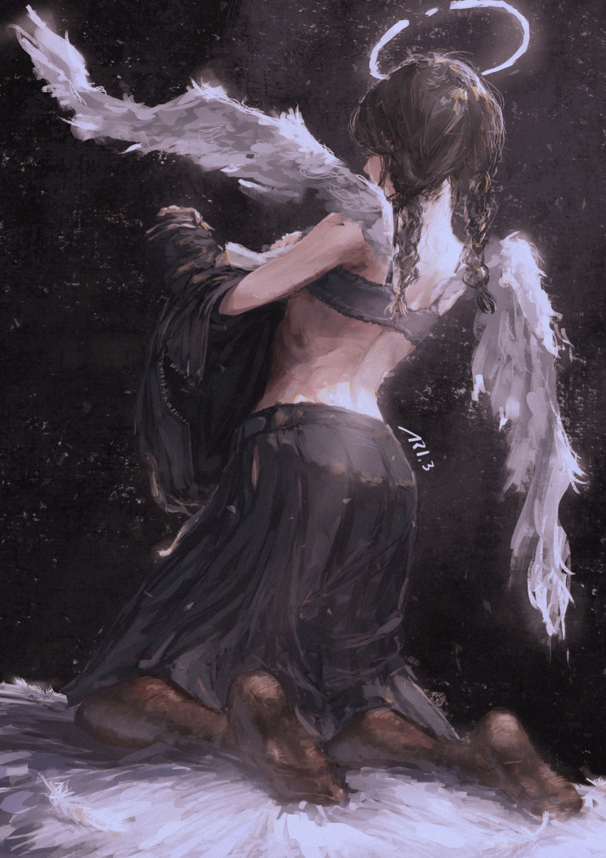 1girl, absurdres, angel, angel_wings, arai_bokuseki, back, black_background, black_bra