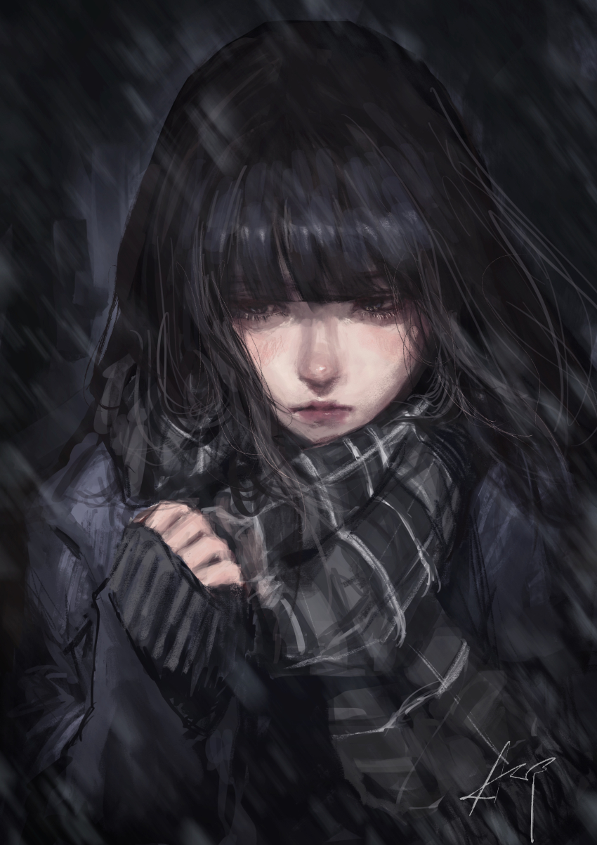 1girl, absurdres, arai_bokuseki, black_eyes, black_hair, black_jacket, black_scarf, blazer