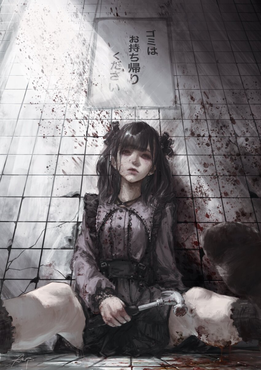1girl, arai_bokuseki, black_eyes, black_hair, black_skirt, black_socks, blood, blood_on_clothes, blood_splatter, blood_stain, blunt_bangs, commentary_request, expressionless, grey_shirt, hair_ornament, hammer, high-waist_skirt, highres, holding, holding_hammer, jirai_kei, long_hair, long_sleeves, looking_to_the_side, original, shirt, sign, sitting, skirt, socks, solo, tile_floor, tile_wall, tiles