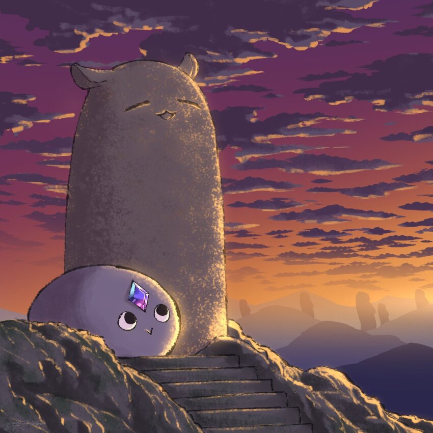 closed_eyes, cloud, cloudy_sky, commentary, dusk, english_commentary, forehead_jewel, ginfutsuu