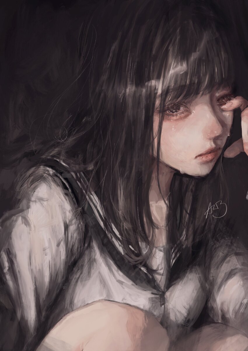 1girl, arai_bokuseki, black_background, black_eyes, black_hair, black_sailor_collar, blunt_bangs, commentary_request