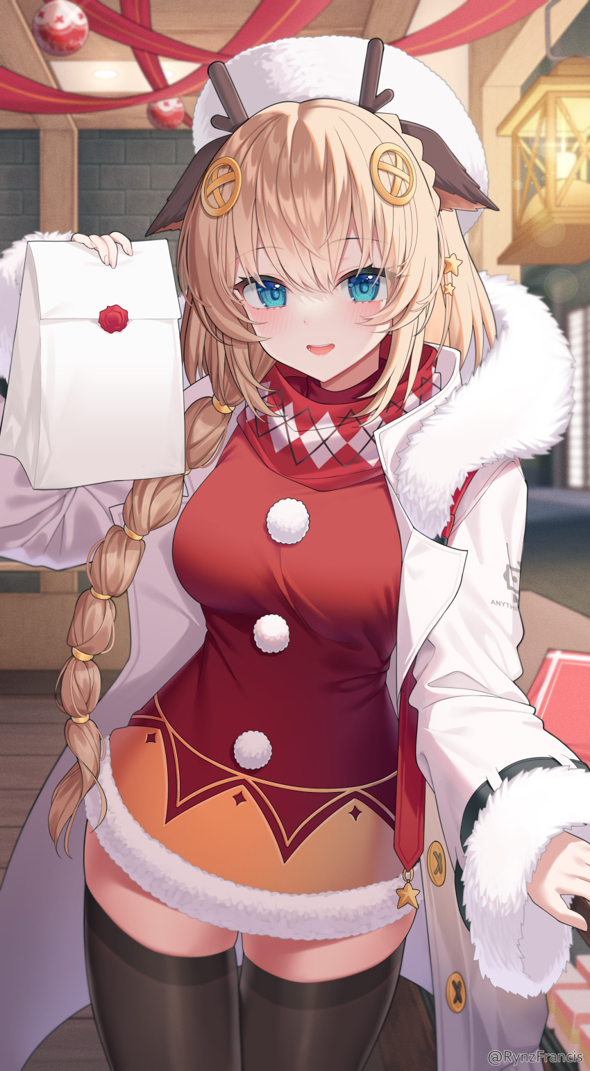 1girl, absurdres, animal_ears, antlers, bag, black_thighhighs, blonde_hair, blue_eyes