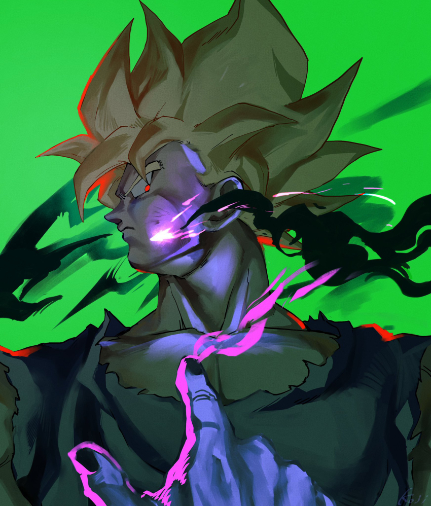 blonde_hair, dragon_ball, frieza, green_background, highres, ki_blast, looking_at_viewer, red_eyes