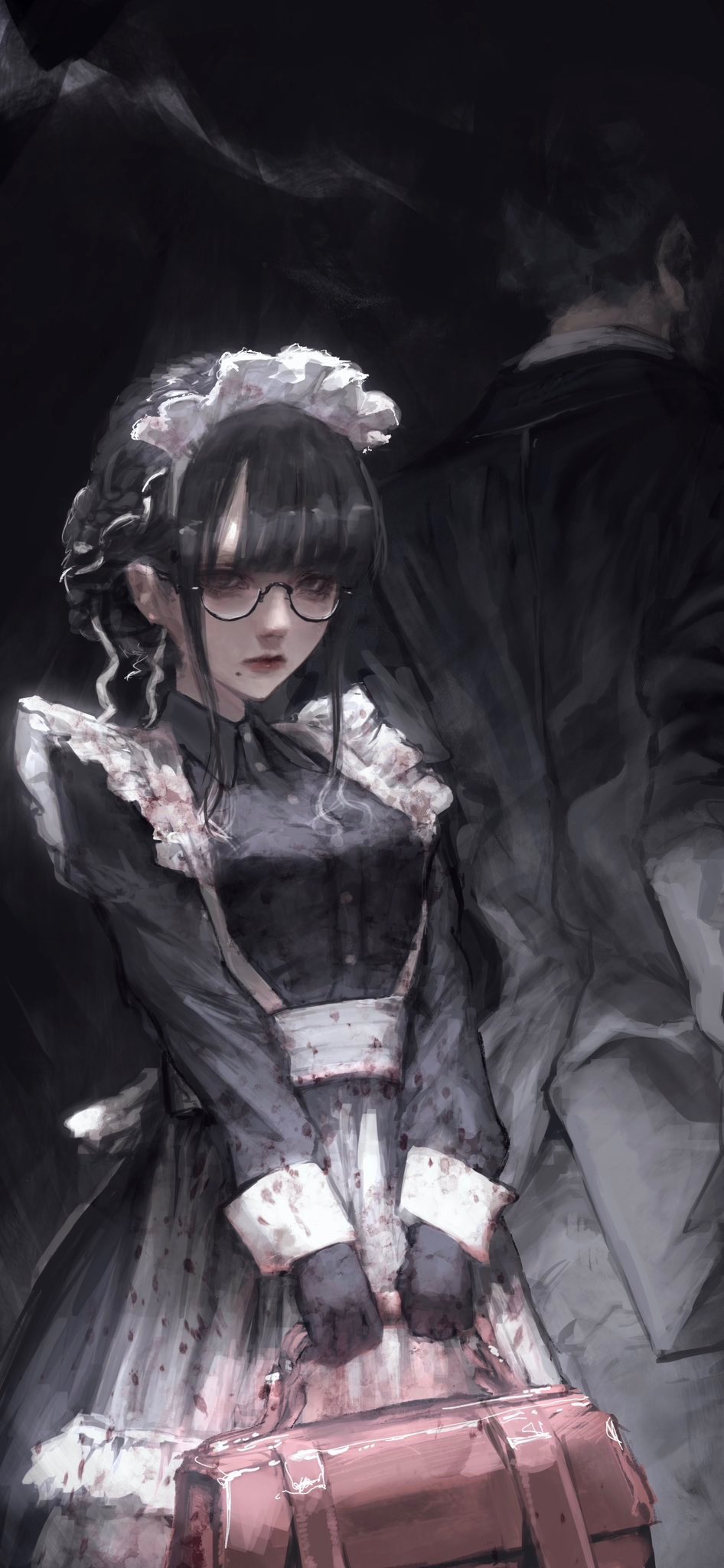 1boy, 1girl, apron, arai_bokuseki, black-framed_eyewear, black_dress, black_eyes, black_gloves, black_hair, black_suit, black_theme, blood, blood_on_clothes, blood_stain, braid, braided_ponytail, briefcase, buttons, collared_dress, collared_shirt, commentary_request, cowboy_shot, dress, facing_away, formal_clothes, from_behind, glasses, gloves, highres, holding, holding_briefcase, long_hair, long_sleeves, looking_at_viewer, maid, maid_apron, maid_day, maid_headdress, mole, mole_under_mouth, original, round_eyewear, semi-rimless_eyewear, shirt, short_hair, sleeve_cuffs, suit, under-rim_eyewear, very_short_hair, white_apron, white_shirt