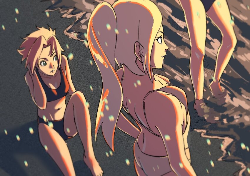 3girls, aqua_eyes, bare_arms, bare_legs, barefoot, beach, bikini, black_bikini