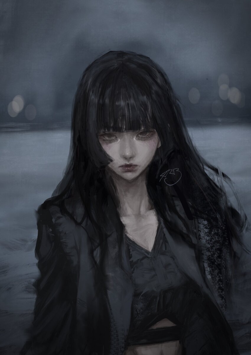 1girl, arai_bokuseki, black_eyes, black_hair, black_jacket, black_shirt, blunt_bangs, blurry