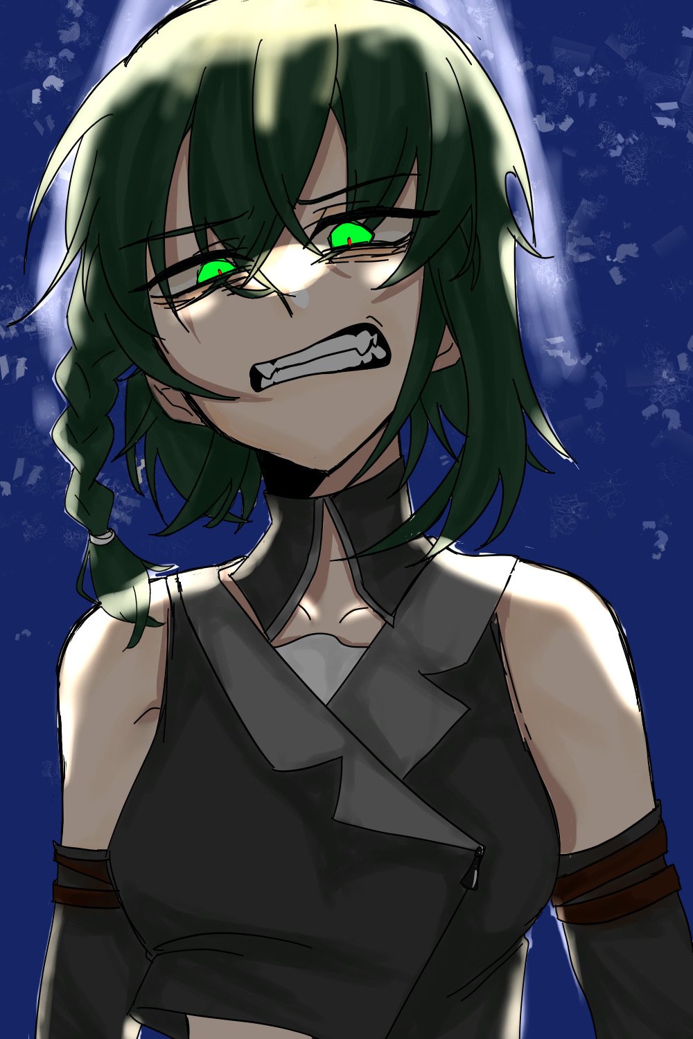 1girl, angry, bags_under_eyes, blue_background, braid, braided_bangs, clenched_teeth, collarbone