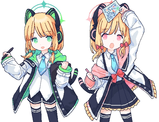 2girls, black_shorts, black_skirt, blonde_hair, blue_archive, dress_shirt, jacket, looking_at_viewer