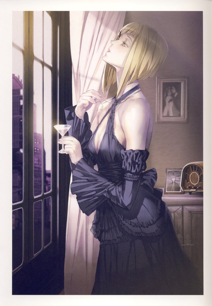 00s, 1girl, absurdres, bare_shoulders, black_dress, blonde_hair, bob_cut, breasts