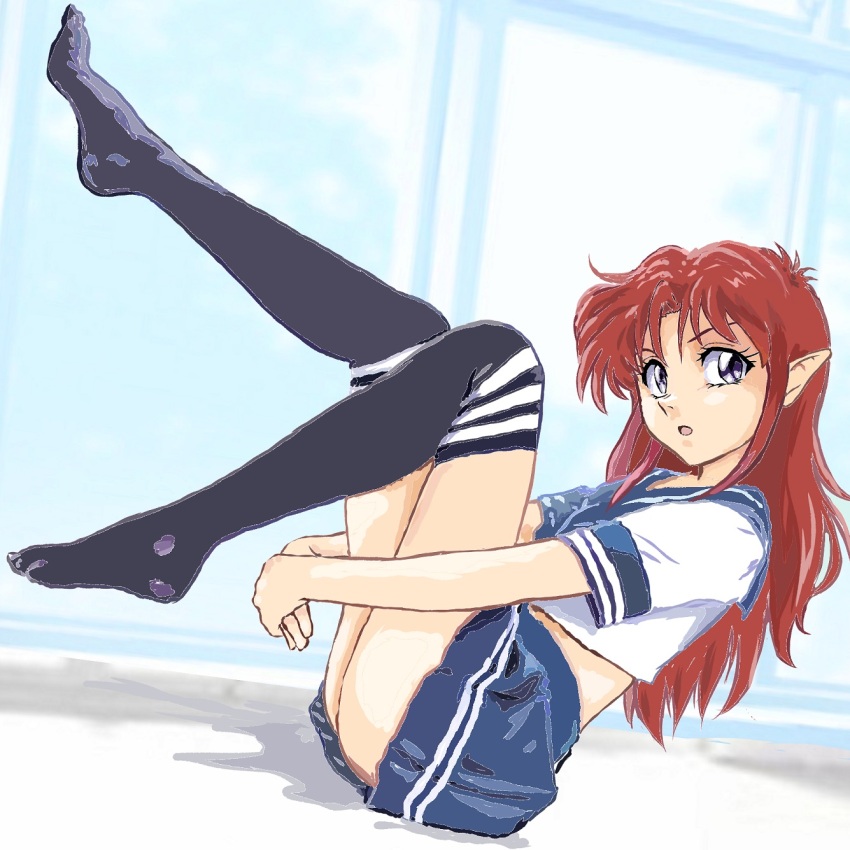 1girl, azalyn_(musekinin_kanchou_tylor), black_socks, black_thighhighs, blue_sailor_collar, blue_skirt, cropped_shirt, double_horizontal_stripe