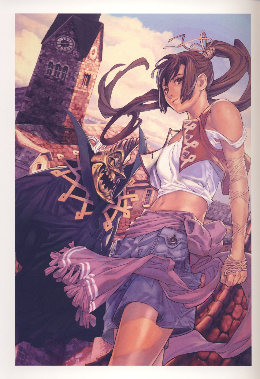 00s, 1girl, absurdres, brown_eyes, brown_hair, denim, denim_shorts, enlike_bishile, highres, long_hair, maeshima_shigeki, mask, midriff, navel, noloty, noloty_malche, ponytail, shorts, strap_slip, strapless, tatakau_shisho, tube_top, vest, zatoh, zatoh_rondohoon