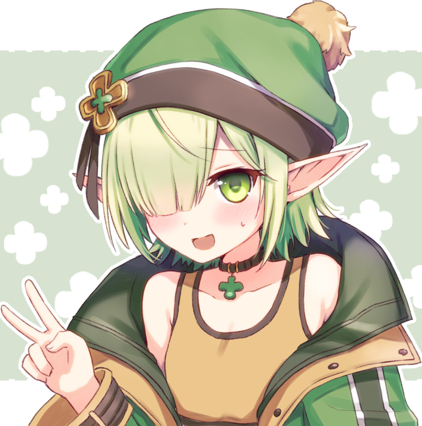 1girl, aoi_(camp)_(princess_connect!), aoi_(princess_connect!), beanie, blunt_bangs, blush, breasts, choker