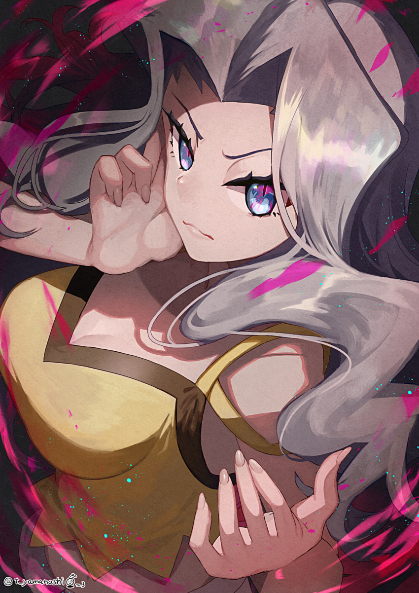 1girl, artist_name, bare_arms, bare_shoulders, blue_eyes, blue_hair, breasts, cleavage, collarbone, crop_top, dark_pulse_(pokemon), highres, karen_(pokemon), large_breasts, light_blue_hair, long_hair, midriff, nintendo, pants, parted_bangs, pokemon, pokemon_heartgold_and_soulsilver, shirt, solo, spaghetti_strap, wavy_hair, white_pants, yamanashi_taiki, yellow_shirt