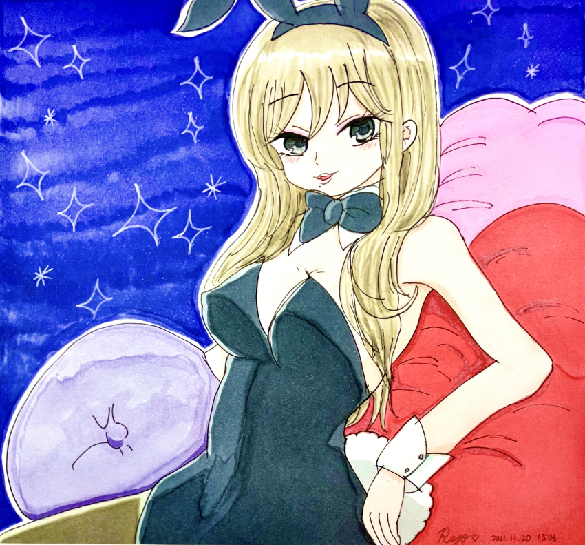 1girl, atsumi_ryou, bow, breasts, cleavage, green_bow, green_eyes, green_leotard