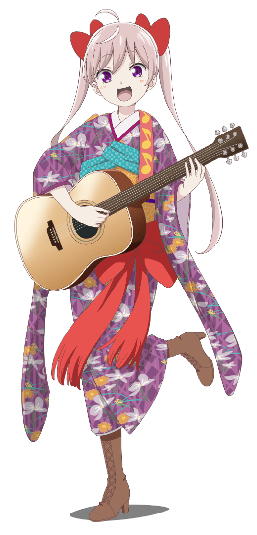 1boy, 1girl, :d, boots, guitar, instrument, japanese_clothes, kimono, looking_at_viewer, open_clothes, open_mouth, pink_hair, purple_eyes, shiratori_kotori, short_hair, simple_background, smile, taishou_otome_otogibanashi, transparent_background, very_short_hair