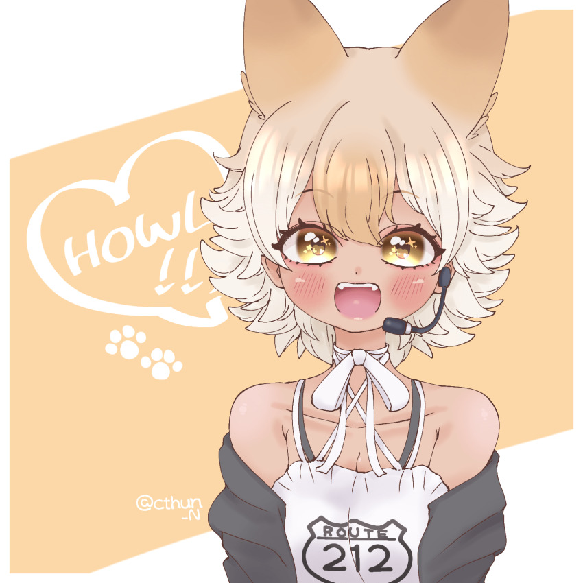 1girl, animal_ears, bare_shoulders, black_jacket, blonde_hair, brown_background, camisole, coyote_(kemono_friends)