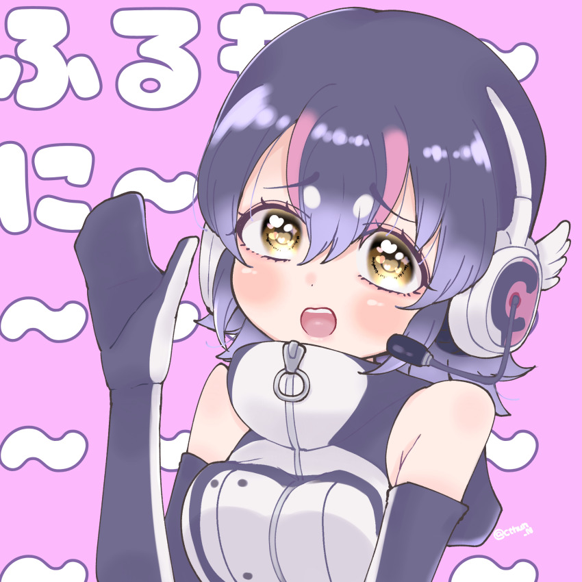 1girl, bare_shoulders, black_hair, cthun_n, elbow_gloves, gloves, headphones, highres