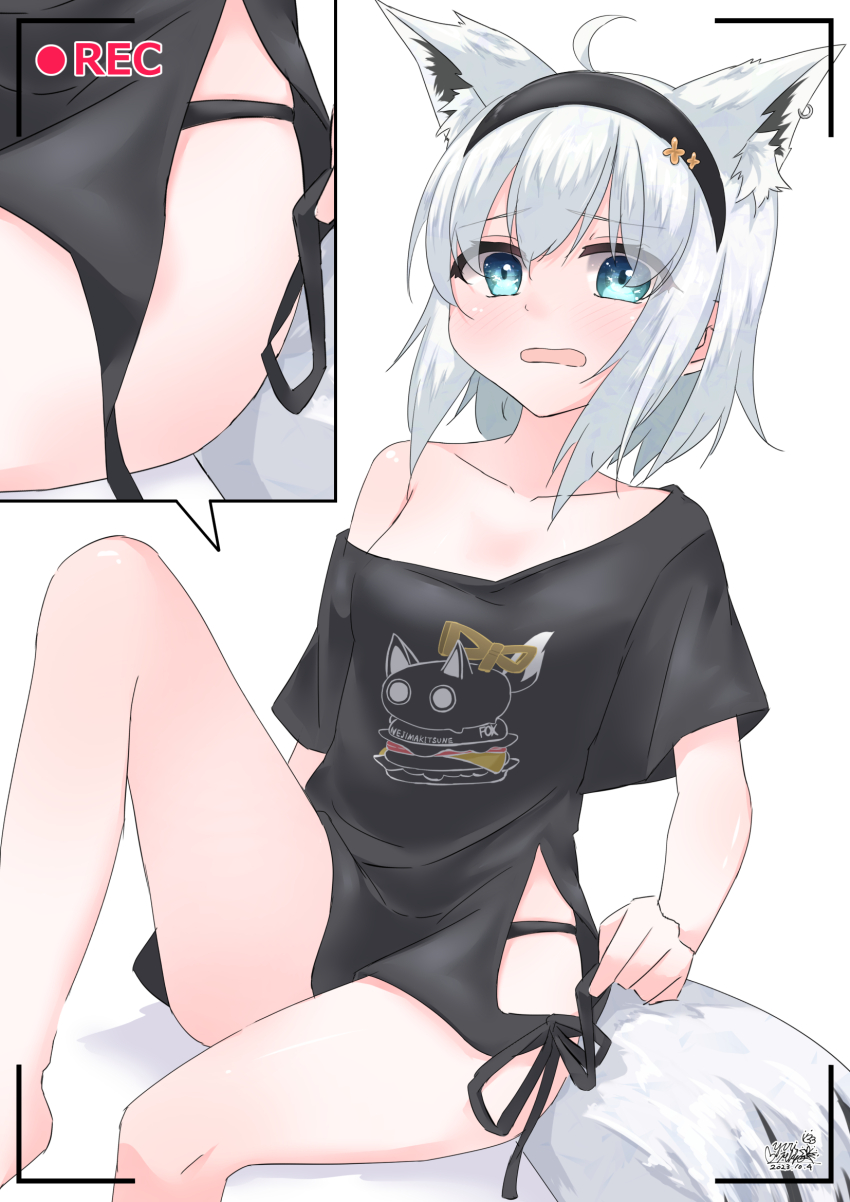 1girl, ahoge, animal_ear_fluff, animal_ears, black_hairband, black_panties, black_shirt, blush
