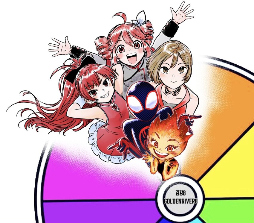 1boy, 4girls, \n/, ahoge, armpits, arms_behind_head, arms_up, artist_name